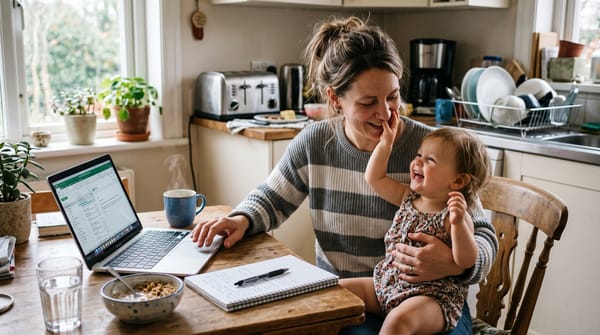 A mother working at a kitchen table with her toddler on her lap in morning light