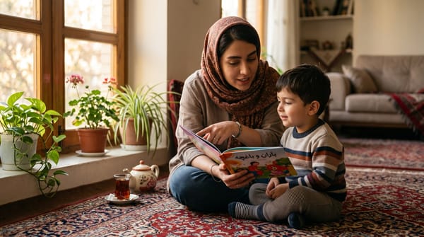 A caregiver and a young child reading a picture book together on a Persian rug