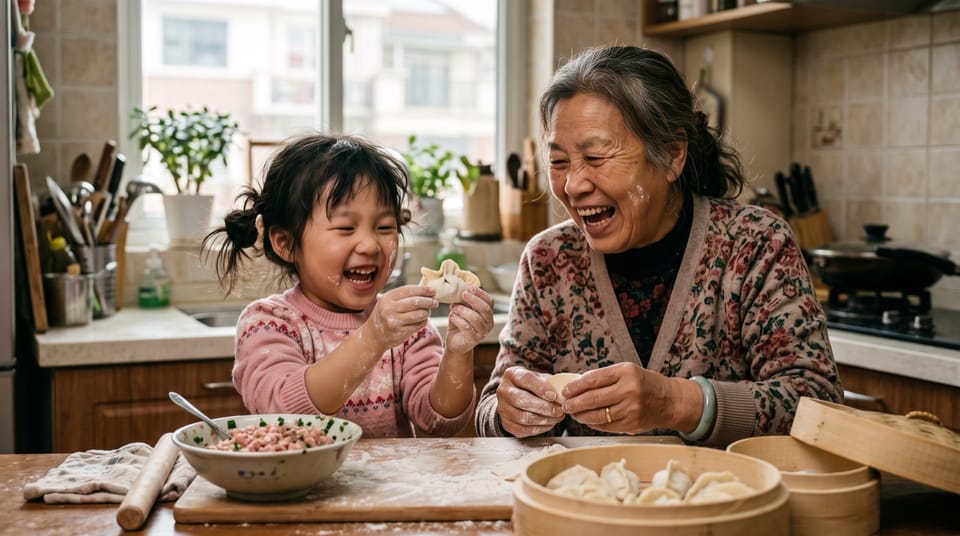 A caregiver and a young child making dumplings together in a home kitchen